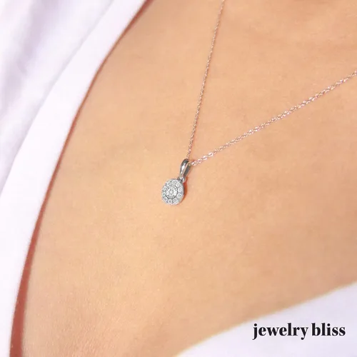Vista 5 de Collar de diamantes redondos de oro blanco de 10 quilates, colgante de halo de diamantes, joyería de promesa, joyería minimalista para mujer