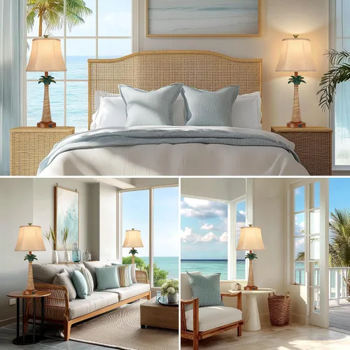Vista 2 de Hamucd Juego de 2 lámparas de mesa con palmera costera con 2 puertos USB para sala de estar, playa, lámparas náuticas para mesita de noche