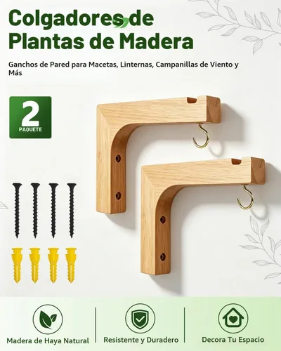 Vista 2 de Colgador de plantas de macramé, macetas colgantes de pared para plantas de interior, ganchos de madera para macetas al aire libre, carillón