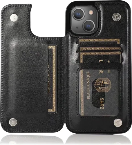 Vista 4 de Funda compatible con iPhone 15 Plus de 6.7 pulgadas con protector de pantalla de vidrio templado y tarjetero con soporte para tarjetero, funda
