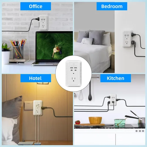 Vista 4 de Protector de sobretensiones de enchufes múltiples, extensor de 7 salidas con luz nocturna, cargador de pared USB con 2 puertos USB C y 2 puertos
