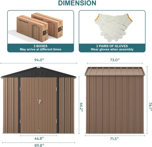 Vista 7 de Gizoon Cobertizo de almacenamiento para exteriores de 8 x 6 pies, cobertizo de jardín de metal galvanizado con puertas dobles con cerradura, Marrón