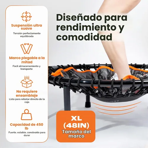 Vista 3 de MXL FIT Bounce PRO XL Bungee Rebounder - Mini trampolín de interior premium para adultos, rebote silencioso de bajo impacto, plegado medio con patas