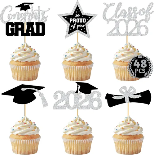 Vista 14 de 48 adornos para cupcakes graduados, 6 estilos de decoración para tartas de graduación, decoraciones de graduación de felicitaciones 2026, tapa negra
