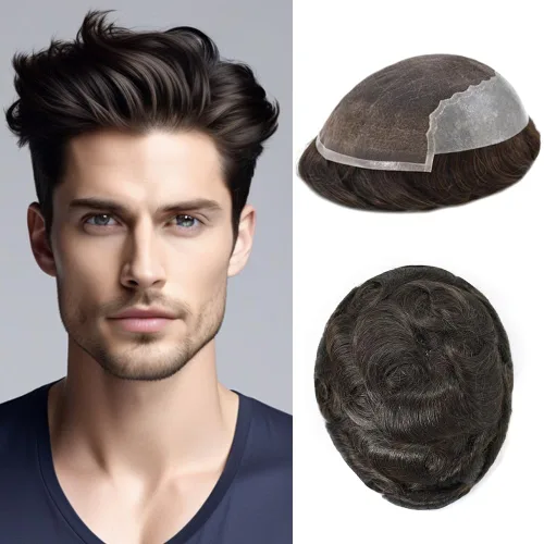 Vista 10 de Mens Toupee Human Hair Replacement System Swiss Lace Toupee For Men Hair Piece Protesis Capilar Mens Hairpiece 5X7#1 Jet Black 120% Density