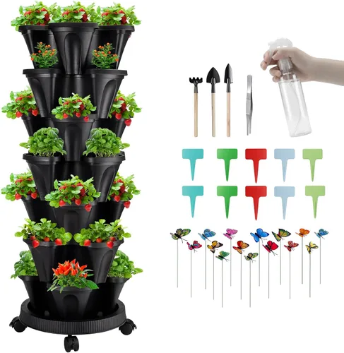 Vista 8 de GameXcel Torre de maceta vertical, macetas apilables de 3 niveles con ruedas y herramientas de jardín, macetas para plantas de fresa, hierbas