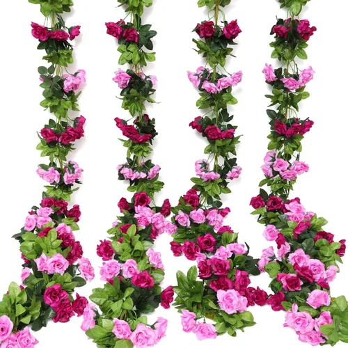 Vista 13 de Floweroyal Paquete de 2 guirnaldas de flores artificiales de 15.8 pies, flores de seda falsas de hiedra rosa para colgar en el arco de boda, fiesta