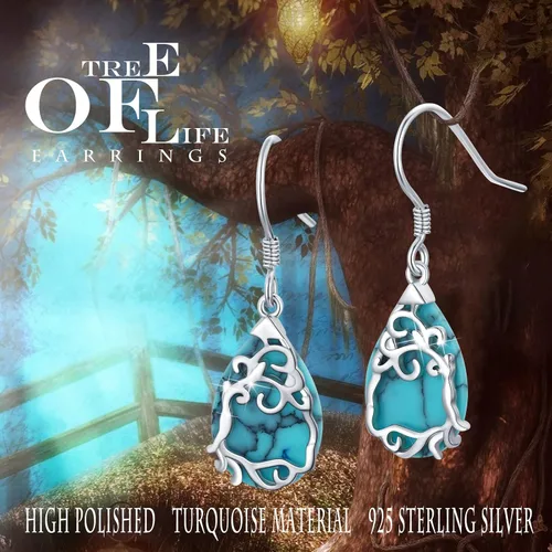 Vista 6 de Turquoise Dangle Earrings,S925 Sterling silver Tree of Life Turquoise Teardrop Earrings for women Girls,Family Tree Jewelry