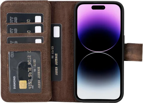Vista 29 de HARDISTON Funda de piel auténtica de alta calidad hecha a mano para iPhone 7/8 / SE doble folio tarjetero - Funda magnética desmontable - Soporte