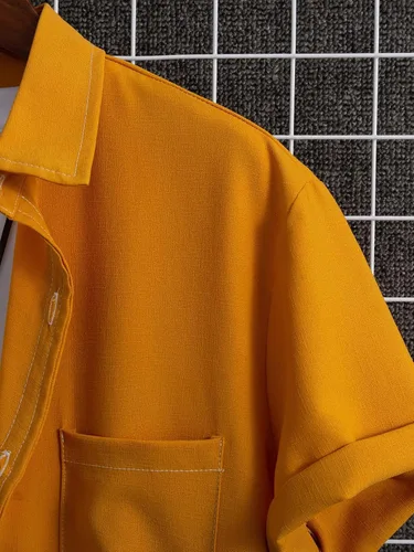 Vista 4 de SHENHE Camisa casual de manga corta con botones y cuello sólido con bolsillo para hombre