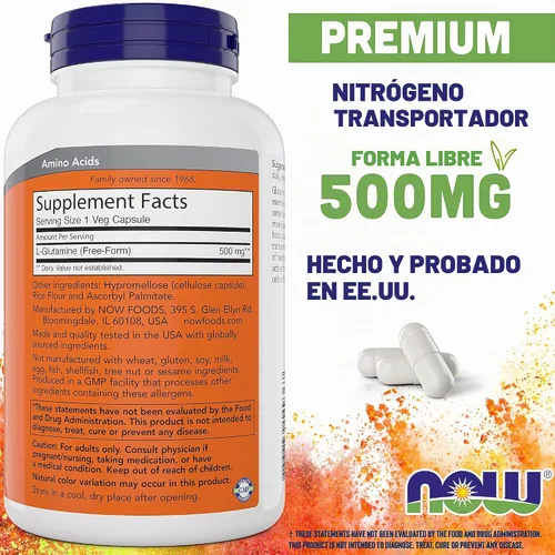Vista 2 de Now L-Glutamina 500mg 300 cápsulas vegetales - Suplemento sin OMG - Cápsulas veganas de lglutamina