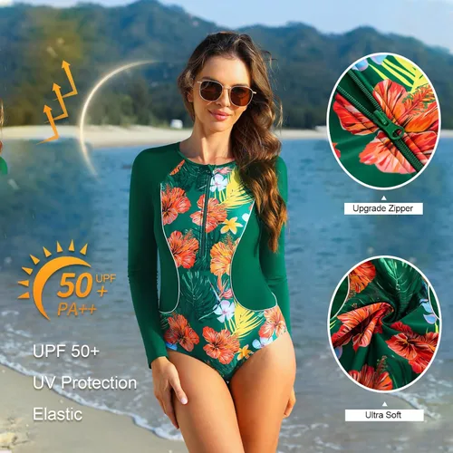 Vista 2 de JASAMBAC Traje de baño de manga larga para mujer, protección solar UPF 50+, con cremallera, de una pieza, estampado de surf