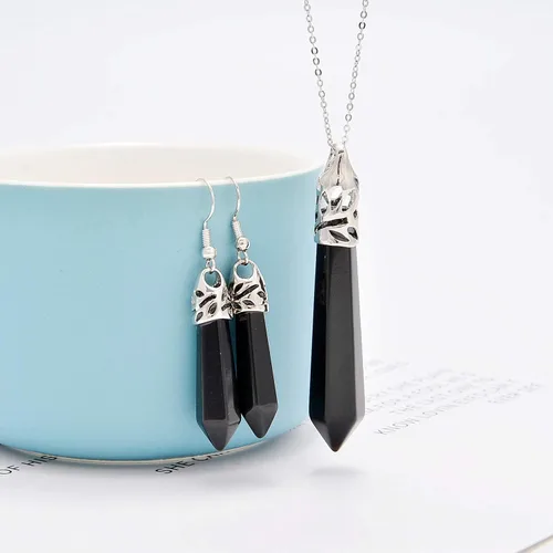 Vista 2 de AD Beads - Juego de colgante y aretes con piedras preciosas naturales hexagonales con punta, chakra Reiki Negro ágata