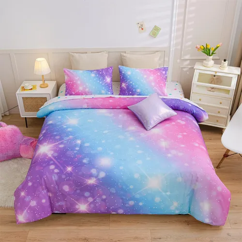 Vista 18 de A Nice Night Juego de ropa de cama de 6 piezas con purpurina degradada para niñas, tamaño completo, juego de edredón colorido de galaxia arcoíris