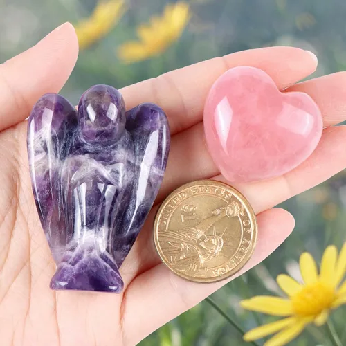 Vista 3 de Artistone Juego de piedras curativas de corazón de ángel guardián de amatista, piedras preciosas talladas a mano, piedras preciosas de cuarzo