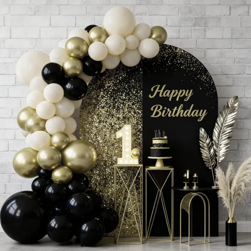 Vista 5 de Globos negros, blancos y dorados, 50 globos de látex de helio de 12 pulgadas, color negro, blanco, crema, beige, dorado metálico, para mujeres