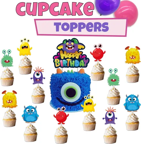 Vista 6 de Suministros de fiesta de monstruos, decoraciones de cumpleaños de monstruo: globos de monstruo, platos de papel, servilletas, tazas, cupcakes