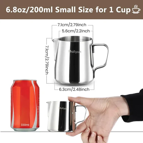 Vista 3 de Dailyart - Jarra pequeña para espumar leche de 6.8 oz/6.8 fl oz 304 Stainless Steel Milk Frother Cup with Scale & Special Dripless Spout, Frother