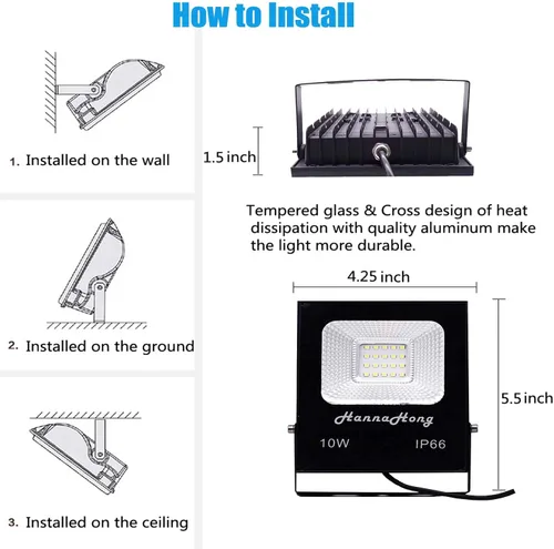 Vista 2 de Luz de inundación LED de 10 W, 1100 lúmenes, luz súper brillante de seguridad/trabajo/planta, IP66 impermeable al aire libre, reflector para porche