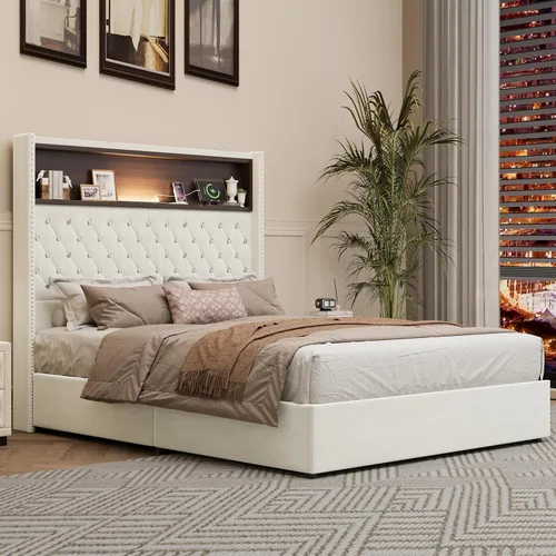 Vista 4 de VilroCaz Cama de plataforma suave de terciopelo de tamaño matrimonial de 52 pulgadas de alto y decoración de remaches, cama con plataforma