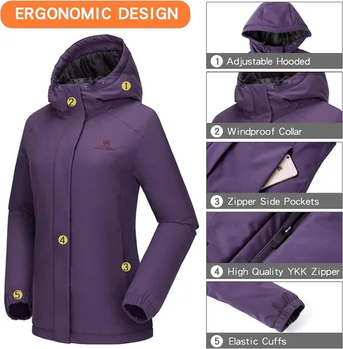 Vista 5 de CAMELSPORTS Chaqueta impermeable de esquí de montaña para mujer, con forro polar, impermeable, resistente al viento, con capucha para otoño e