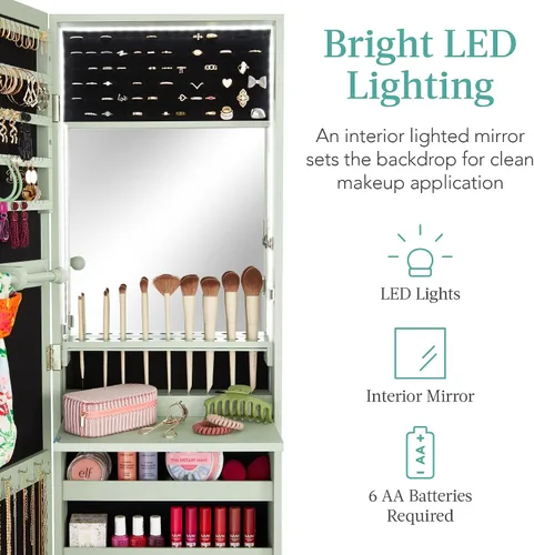 Vista 3 de Best Choice Products Armario de joyería con espejo LED, organizador de joyas con cerradura para pared o puerta con espejo, 2 cajones, cerradura