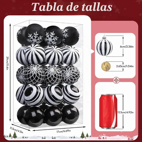 Vista 2 de SHareconn 30 bolas de árbol de Navidad de 2.36 pulgadas, adornos en blanco Blanco y negro