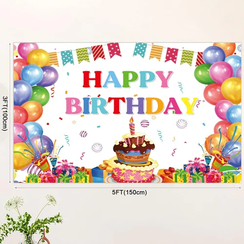 Vista 2 de Cartel de feliz cumpleaños, telón de fondo de globos coloridos para fiestas de niños, pasteles de colores grandes, fotografía, telón de fondo