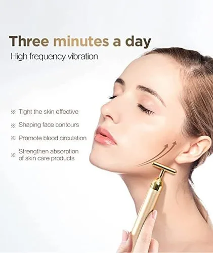 Vista 6 de Beauty Bar - Rodillo masajeador facial de energía de pulso dorado de 24 quilates, herramienta de masajeador facial eléctrico en forma de T