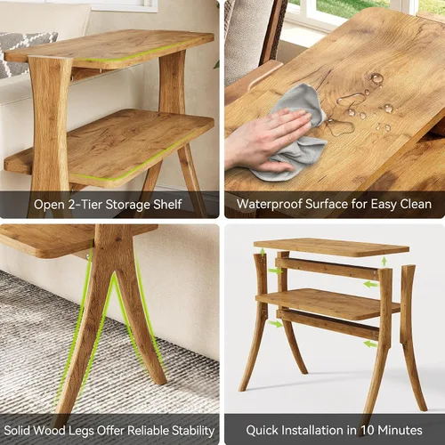 Vista 7 de LITTLE TREE Mesa auxiliar estrecha, mesa de centro de 2 niveles estilo granja con patas de madera maciza, mesa auxiliar pequeña, ahorradora