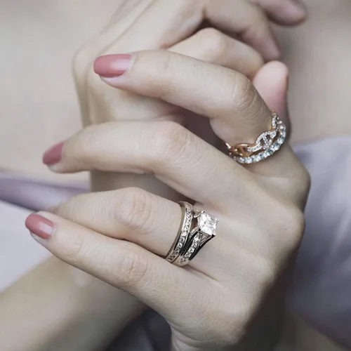 Vista 4 de Juego de anillos nupciales de plata de ley 925 con circonita cúbica, corte princesa, para mujer