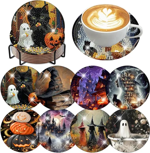 Vista 29 de ijbnhd 8 posavasos de pintura de diamantes de animales, posavasos de arte de diamantes con soporte para principiantes y adultos, suministros