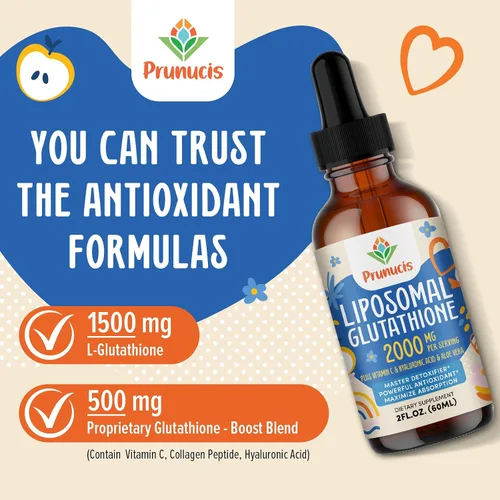 Vista 5 de Prunucis Líquido de glutatión liposomal de 2000 MG, 98% de absorción, suplemento activo de L-glutatión, apto para veganos, potente complejo