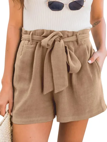 Vista 2 de NIMIN Pantalones cortos de lino de cintura alta para mujer, ligeros, para verano, playa, bolsa de papel, pantalones cortos con bolsillos 2023