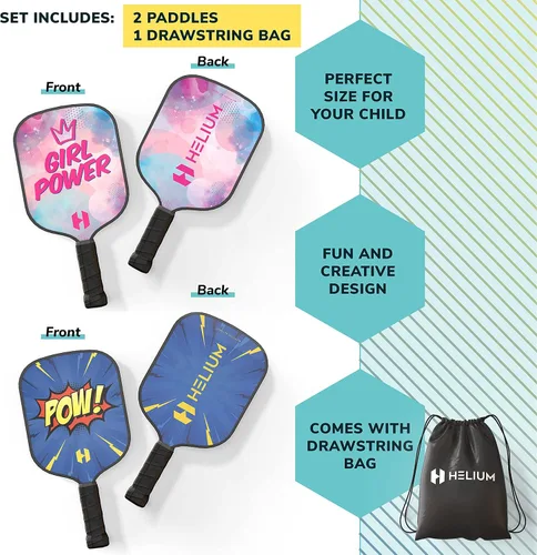 Vista 3 de Helium Paleta de pickleball para niños, (2 unidades, POW! y Girl Power), tamaño infantil, núcleo de panal ligero, cara de golpe de grafito, agarre