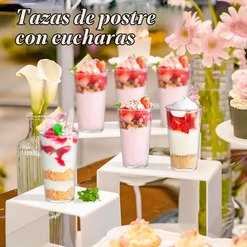 Vista 2 de mwellewm 150 paquetes de mini tazas de postre con cucharas, tazas de postre de plástico transparente de 3oz para postres tipo parfait para fiestas