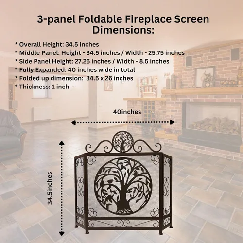 Vista 3 de BestGiftEver Pantalla decorativa para chimenea de 3 paneles con acento de árbol de la vida, estilo rústico marrón, cubierta de chimenea de malla