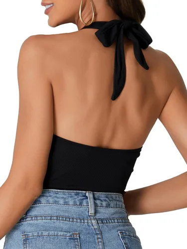 Vista 2 de Rooscier Body sexy de punto acanalado sin mangas con cuello halter y espalda descubierta