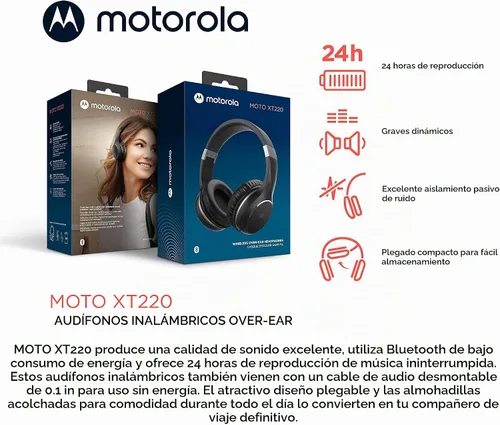 Vista 2 de Motorola Sound Moto XT220 Auriculares inalámbricos Bluetooth con micrófono, control en línea para llamadas, teléfonos plegables sobre la oreja Negro