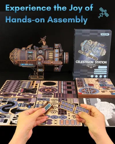Vista 7 de Celestigon Station - Rompecabezas de madera 3D motorizados para adultos – Juego de construcción de estación espacial interestelar montada