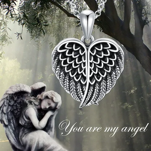Vista 6 de SOULMEET Collar con medallón de corazón con alas de ángel que sostiene fotos con texto en inglés You are My Angel plata de ley y oro