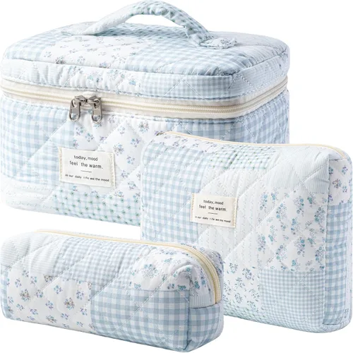 Vista 27 de HBselect Bolsa de Maquillaje Acolchada, 3 Piezas de Gran Bolsa de Maquillaje de Viaje de Algodón, Linda Bolsa de Maquillaje Floral Coquette, Bolsa
