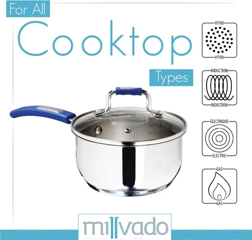 Vista 2 de Millvado Sartén de acero inoxidable de 1.7 cuartos de galón con tapa de vidrio transparente y marcas de medición permanentes, olla de ebullición