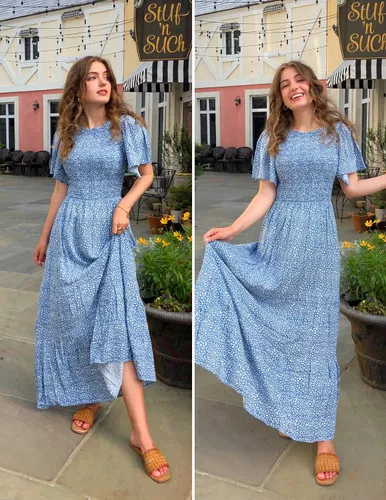 Vista 6 de ZESICA - Vestido veraniego largo y casual para mujer con estampado floral manga corta y cuello redondo de cintura alta fruncida