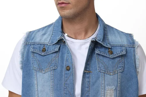 Vista 5 de NASKY Chaleco de mezclilla sin mangas ajustado retro rasgado para hombre y chaqueta de mezclilla