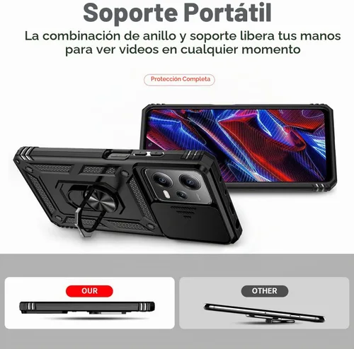Vista 4 de Funda para Redmi Note 12 Pro, Poco X5 Pro 22101320G con protector de pantalla de vidrio templado y cubierta de cámara deslizante, anillo magnético