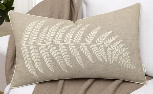 Vista 6 de Rudransha Funda de almohada lumbar con bordado de hojas de helecho botánico, 12 x 18 pulgadas, algodón marfil