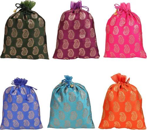 Vista 21 de Touchstone Bolsas con cordón de tela tradicional india, hechas a mano, perfectas para regalos, joyas, bodas, bolsas, bolsas, Potli, -Mimosa