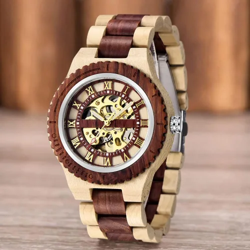 Vista 2 de Dentily Reloj de madera para hombre, triángulo, esqueleto automático, reloj mecánico de madera para hombre