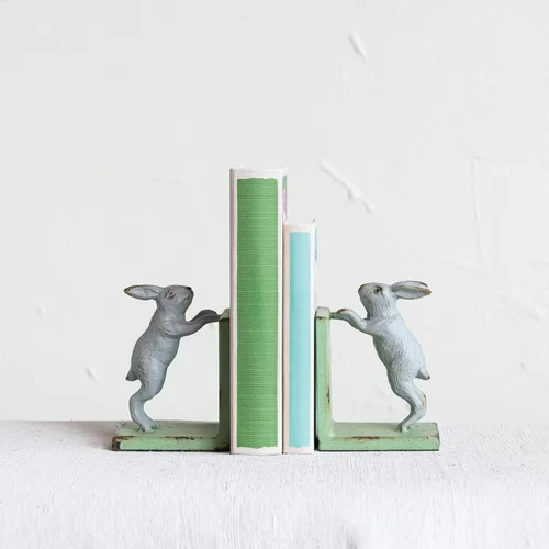 Vista 8 de Creative Co-Op Sujetalibros decorativos de metal fundido de 2 tonos, verde y gris, juego de 2